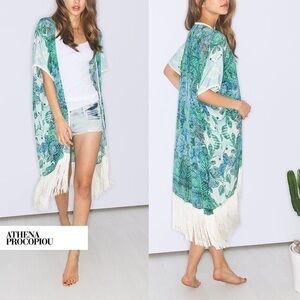 Athena Procopiou Silk Blue Green Print Fringe Kimono M/L